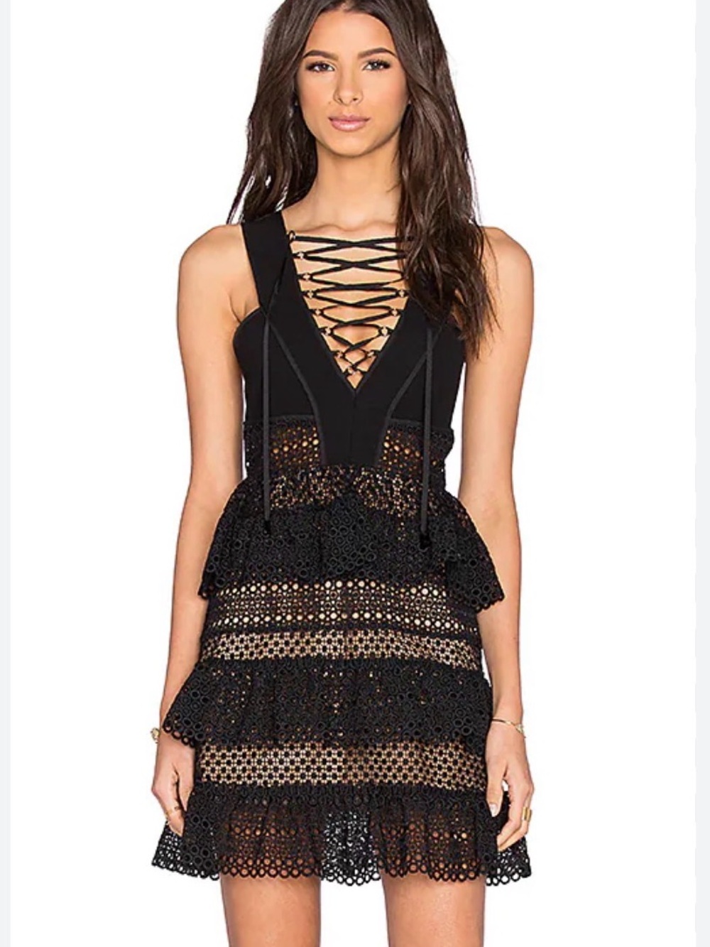 Self-Portrait Lace Up Tiered Dress in Black Size 2